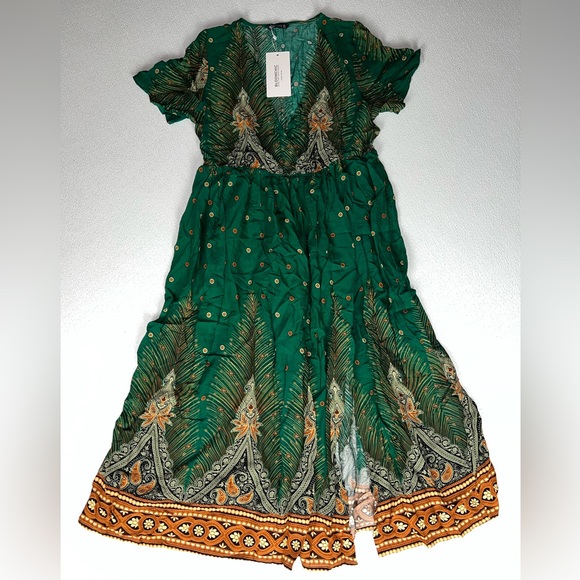 Bloomchic Bandana Pocket Button Wrap Split Midi Dress Size 10 Green NWT - Picture 4 of 12